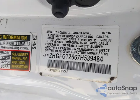 2007 Honda Civic Lx z USA, uszkodzony, nr VIN 2HGFG12667H539484